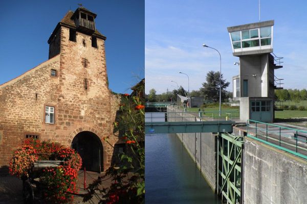 Les deux sites retenus en Alsace par le loto du patrimoine: à gauche la tour-porte de Wangen et à droite l'écluse de Kembs à Niffer.