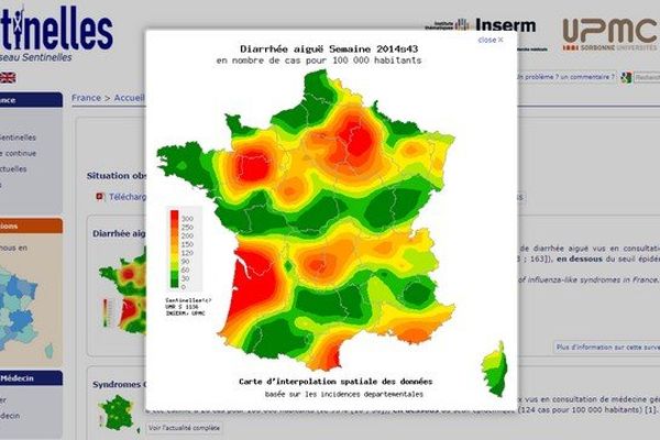 Carte du réseau Sentinelles pour la semaine 43 (20 au 26 octobre 2014)