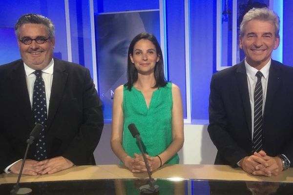 Olivier Bianchi, Marianne Maximi et Jean-Pierre Brenas, les candidats pour l’élection municipale à Clermont-Ferrand sur le plateau de France 3 Auvergne.