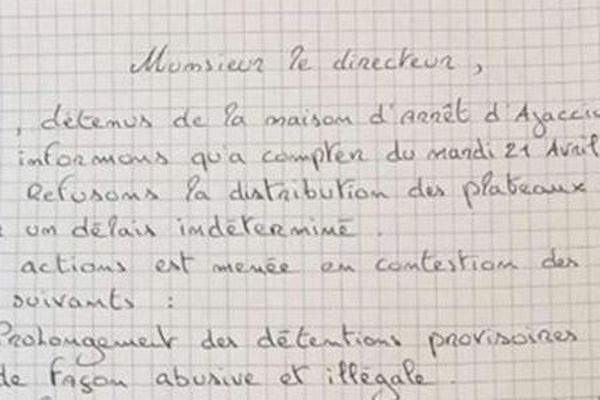 Courrier adressé par de nombreux détenus de la prison d'Ajaccio au directeur de l'établissement