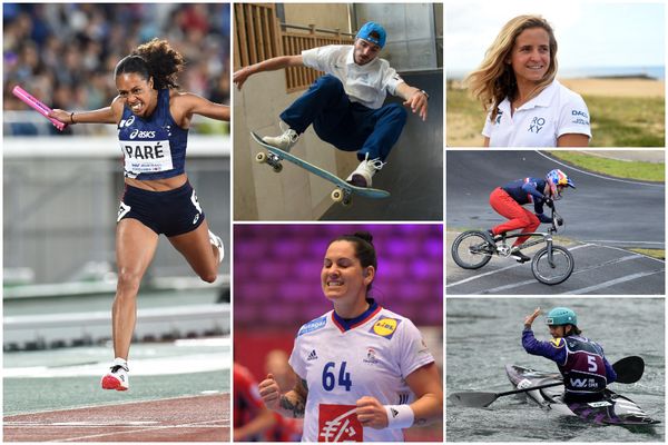 Quinze athlètes originaire d'Aquitaine disputeront les Jeux Olympiques de Tokyo qui débutent ce vendredi 23 juillet. De gauche à droite, Maroussia Paré (Athlétisme), Vincent Milou (Skateboard), Alexandra Lacrabère (Handball), Pauline Ado (Surf) et Marie-Zélia Lafont (Kayak). 