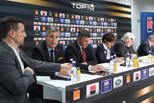 Conférence de presse en présence notamment d'Éric de Cromières (ASM Clermont Auvergne), et Yann Roubert (LOU Rugby), samedi 8 juin à Bordeaux.