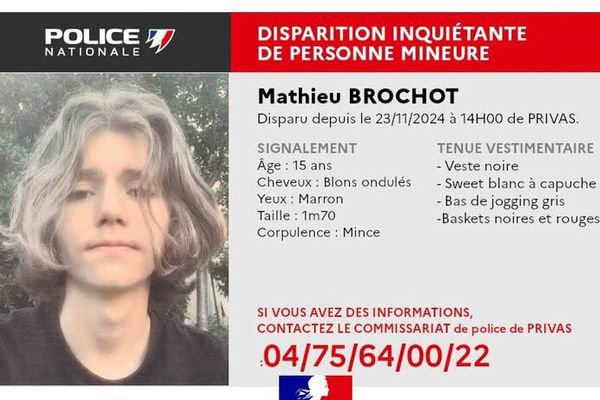 L'adolescent est porté disparu depuis le samedi 23 novembre.