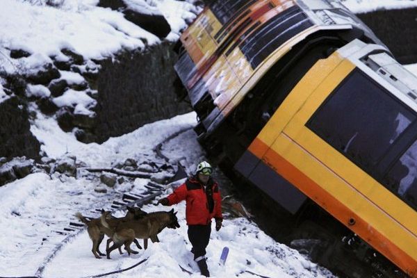 Un secouriste accompagné de chiens de recherche sur les lieux de l'accident en 2014.