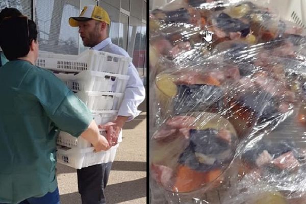 La livraison des repas pour les soignants de l'Hôpital Fleyriat à Bourg-en-Bresse (Ain). 