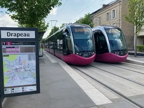 Deux tramways à la station "Drapeau", à Dijon (Côte-d'Or).