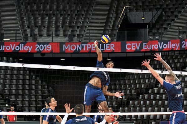 L'équipe de France de Volley-ball à l'entraînement pour préparer l'Euro, à l'Aréna de Montpellier, le 11. 09. 2019.