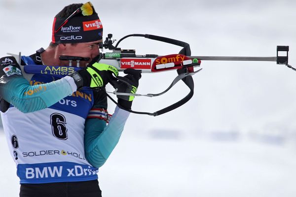 Quentin Fillon Maillet lors de la poursuite 12.5 km de la coupe du monde de Biathlon à Midway aux USA. 16 February 2019.