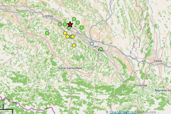 Carte Seisme NNE Lacq-dept. 64, le 02/09/13 à 14h36 heure locale, magnitude 4,1