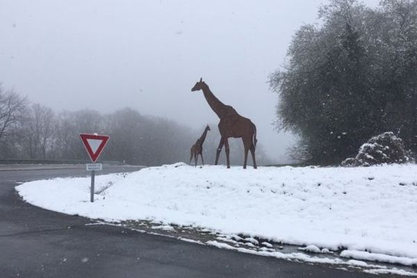 La route est enneigée mercredi 3 avril, au niveau du Parc zoologique de Jurques dans le Calvados.