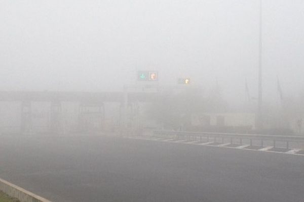 Un brouillard épais aux abords de Gannat, sur l'A71 (dimanche 17 novembre 2013).