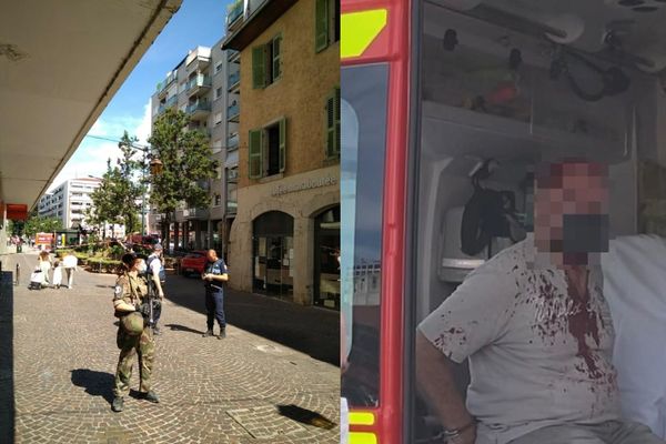 Des militaires sont présents dans le secteur de la rue Carnot à Annecy. A droite, le tireur présumé pris en photo par un témoin.