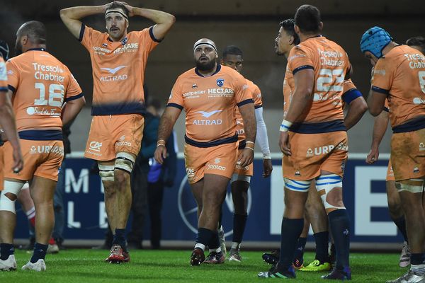 Les joueurs de Montpellier lors de la rencontre face aux Ospreys gallois samedi 17 décembre 2022.