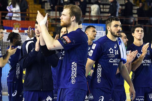 La joie des Montpelliérains après leur victoire à León, en Espagne, en match de barrage qualificatif pour les huitièmes de finale de la Ligue des champions - 24 février 2018