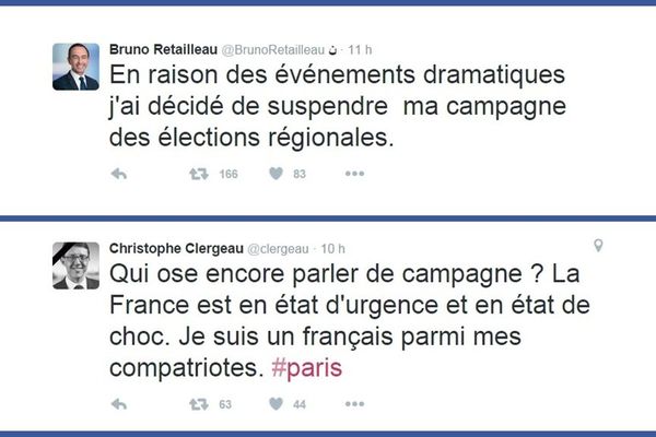 Bruno Retailleau (LR) tout comme Christophe Clergeau (PS), aussitôt les attentats connus à Paris, ont annoncé leur volonté de suspendre leurs campagnes électorales pour l'élection régionale dans les Pays de la Loire