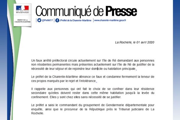 Communiqué de presse de la Préfecture de la Charente-Maritime