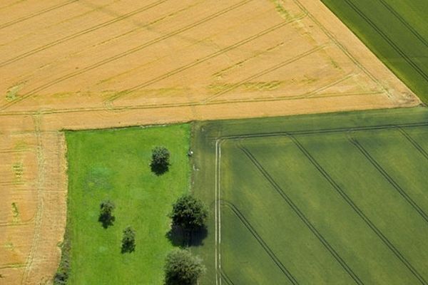 Vue aérienne de champs en Haute-Normandie