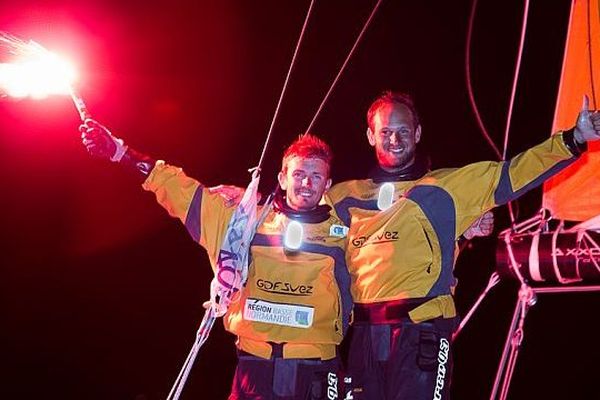 Fabien Delahaye et Sébatien Rogues vainqueurs de la transat Jacques Vabre en Class40, le 29 novembre 2013