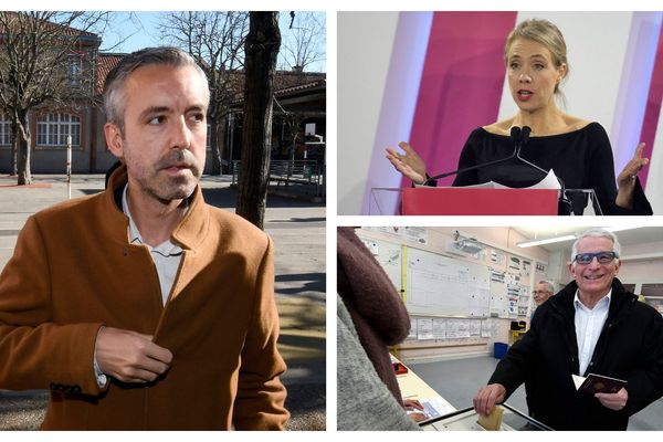 A Toulouse, les trois candidats de la gauche, Antoine Maurice (à gauche), Nadia Pellefigue (en haut à droite) et Pierre Cohen (en bas à droite), négocient depuis dimanche soir la fusion de leurs listes.