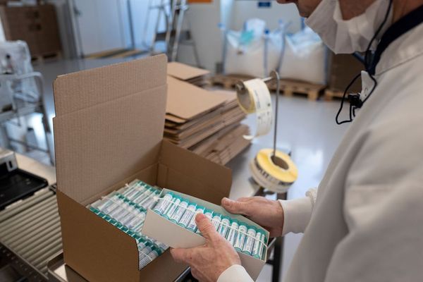 Un salarié place des produits homéopathiques dans un carton, chez Boiron, le 5 février 2019