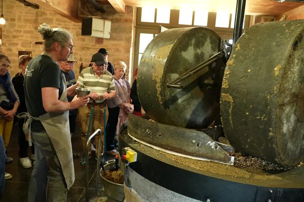 Démonstration de production de l'huile de noix au Moulin de la Vie Contée en Corrèze.