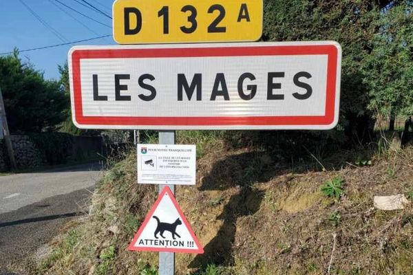 L'un des panneaux pour les chats inbstallé à l'entrée du village.