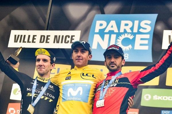 Le podium de l'édition 2018 du Paris-Nice avec au centre, l'Espagnol  Marc Soler.