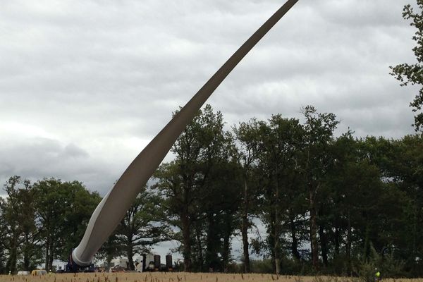 Une pale d'éolienne arrive sur le chantier du futur parc éolien de Lussac-les-Eglises, le 20 juillet 2017.