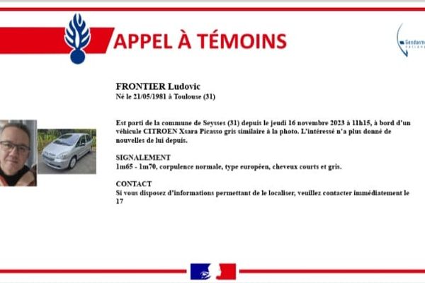 Ludovic Frontier, 42 ans a disparu de Seysses depuis le jeudi 16 novembre. Un appel à témoins est lancé par la gendarmerie.