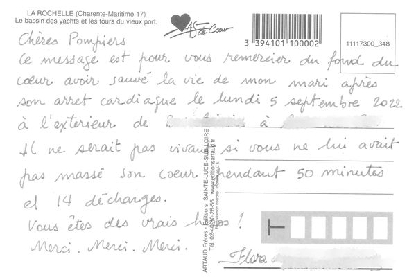 La carte postale reçue par les pompiers de la Charente-Maritime.