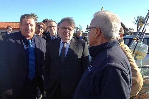 Saint-Cyprien (Pyrénées-Orientales) - Alain Vidalies, secrétaire d'État chargé des Transports, de la Mer et de la Pêche en visite - 11 mars 2016.