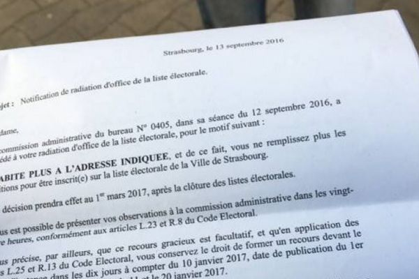 Le courrier initialement reçu par les "radiés" strasbourgeois des listes électorales