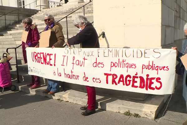 Une vingtaine de membres du collectif féministe Nous Toutes 64 sont venus soutenir Sharon devant le tribunal correctionnel de Pau, jeudi 3 février. Son ex-compagnon y est jugé pour des faits de violences conjugales.