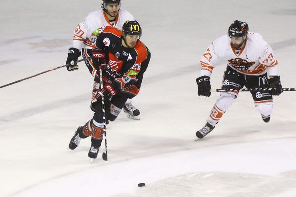 Jaka Ankerst (Amiens) devant Peca et Offret (Epinal, en blanc), sur la glace picarde, le 23 février 2016.