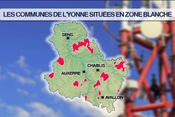 La carte des communes de l'Yonne concernées par la convention de résorption des zones blanches de téléphonie mobile dans l'Yonne.