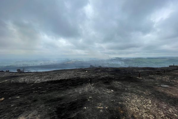 Depuis le Mont-Saint-Michel de Brasparts, le paysage est calciné après le passage de l'incendie.