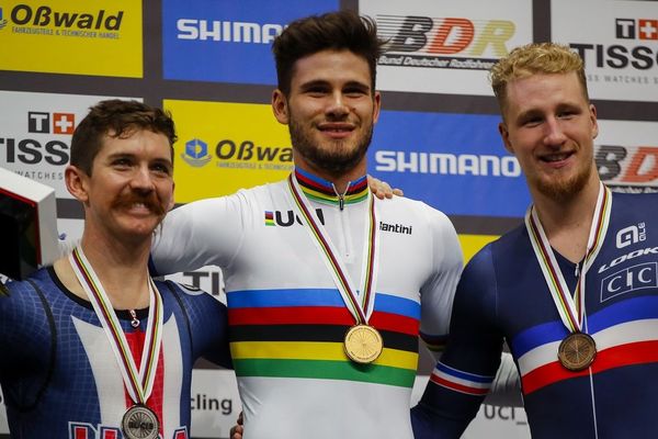 L'Amiénois Corentin Ermenault (à droite) s'est hissé sur la 3e marche du podium de la poursuite individuelle des Mondiaux de Berlin, le 28 février 2020.