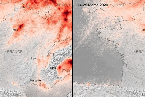 Concentrations moyennes de dioxyde d’azote du 14 au 25 mars 2020, comparativement aux concentrations moyennes mensuelles de 2019. 
