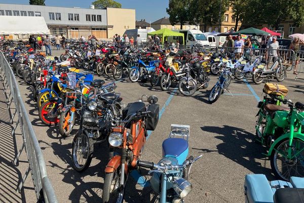 Plus de 200 mobylettes exposées au rassemblement organisé par l'association "Les Mob's de l'Est" à Hagondange en Moselle.