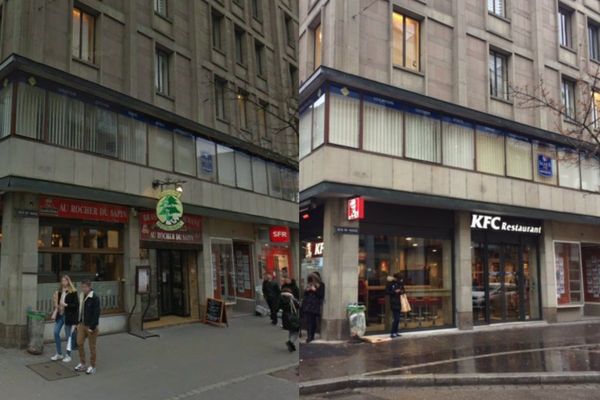 A gauche la façade de la brasserie Au Rocher du Sapin, à droite celle du restaurant KFC, rue du Noyer à Strasbourg