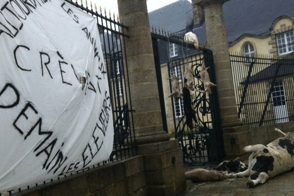 Les éleveurs de l'Apli de l'Orne ont déposé des carcasses d'animaux devant la préfecture, à Alençon, ce jeudi matin