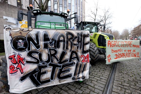 Une manifestation d'agriculteurs de la FNSEA devant le siège du conseil régional de Bourgogne-Franche-Comté à Dijon, le 15 décembre 2023.