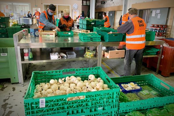 Les bénévoles de la Banque Alimentaire de Moselle trient les denrées collectées avant leur distribution aux associations caritatives