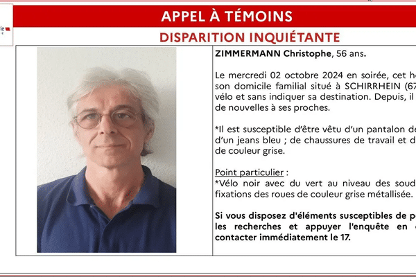 La dernière fois que Christophe Zimmerman a été aperçu, c'était sur son vélo noir et vert, le 2 octobre 2024 à Schirrhein, dans le Bas-Rhin.