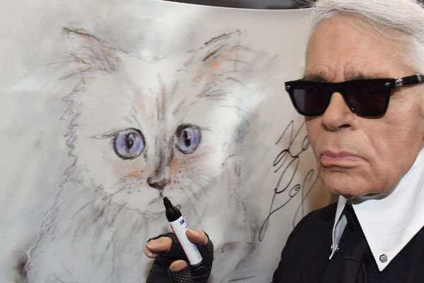 Le couturier Karl Lagerfeld et un dessin de sa chatte Choupette.