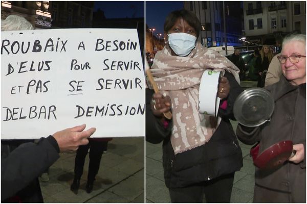 Des manifestants rassemblés devant la mairie de Roubaix jeudi 21 octobre 2021.