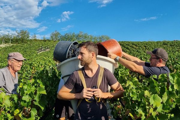 Près de Clermont-Ferrand, Julien Déat (au centre) exploite le coteau "Madargue" en échange d'un loyer en nature.