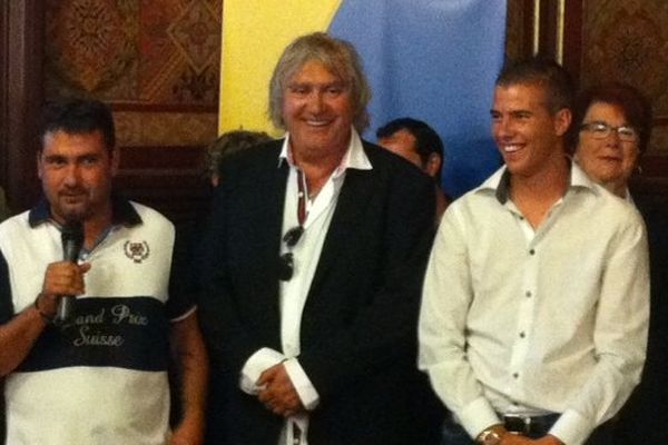 Le co-pilote Daniel Elena, le champion de pétanque Marc Foyot et le vainqueur du mondial 2013 Dylan Rocher, ce jeudi lors de la conférence de presse de la Marseillaise.