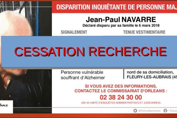 La police du Loiret a annoncé l'arrêt des recherches pour Jean-Paul Navarre, malheureusement retrouvé sans vie. 