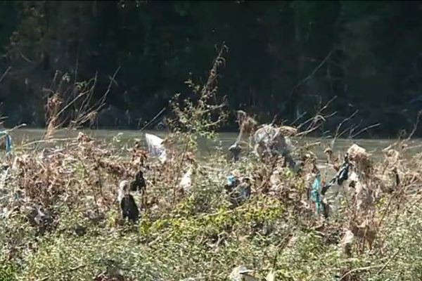 Des déchets étalés sur des dizaines de kilomètres le long du Gave de Pau après les inondations. Ils proviennent de la décharge de Bordes, en amont.